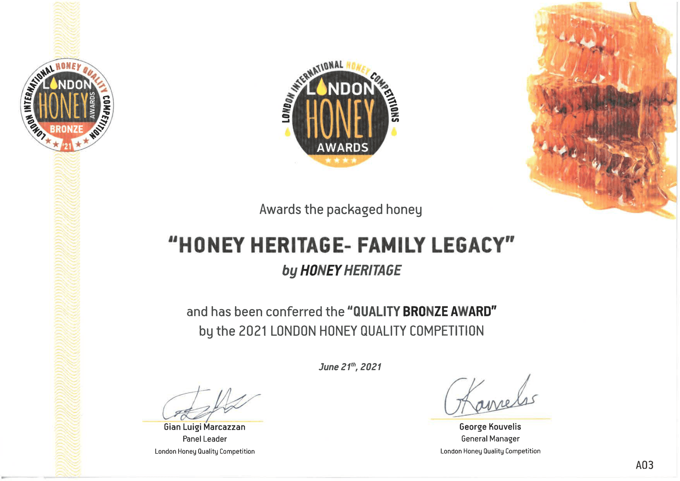 London Honey Quality Competition 2021 - Бронзова нагорода за мед Family Legacy