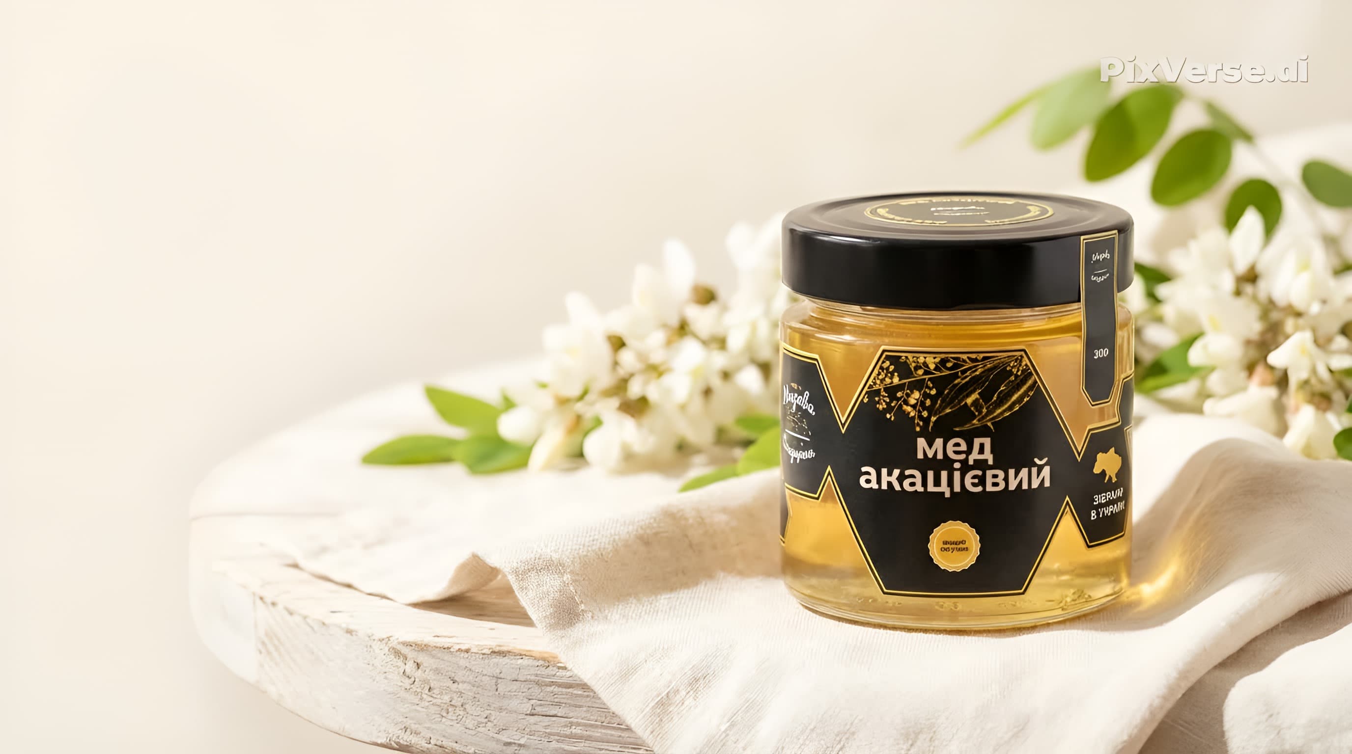 Мед акацієвий у скляній банці з квітами білої акації
